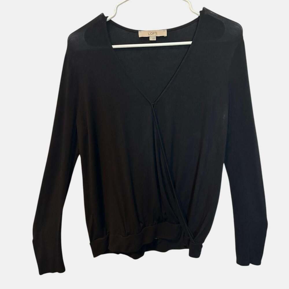 LOFT Women's Black Faux Wrap V-Neck Long Sleeve Top